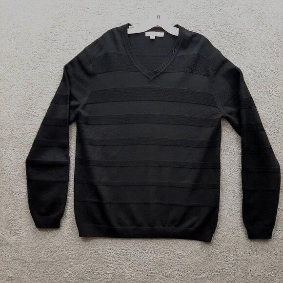 Calvin Klein Mens Black Striped V-Neck Sweater L/G Cotton/Acrylic Blend - Picture 1 of 6